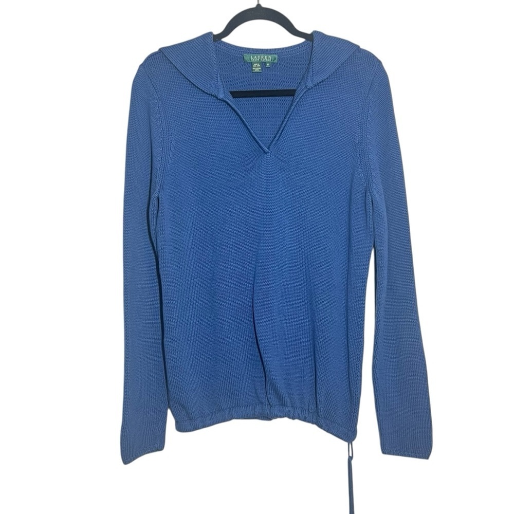 Lauren Ralph Lauren Women M Blue Long Sleeve Knit Sweater Tie Vneck Collared Vtg